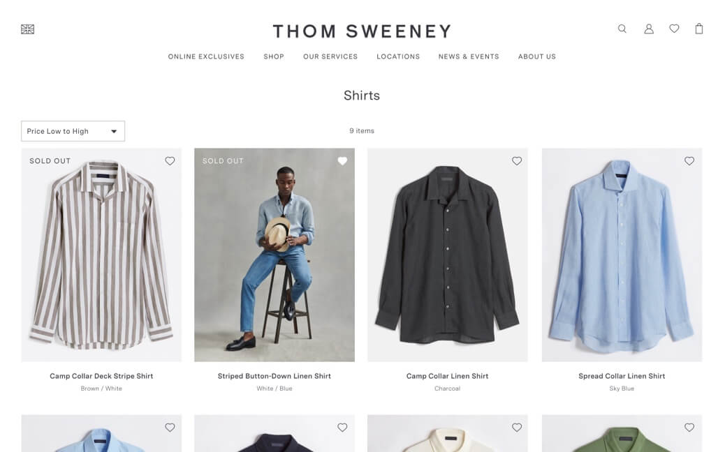 Thom Sweeney Shopify website Product Listing Page