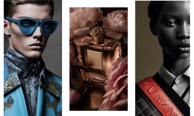 3 AI generated images. From left to right - Male model in blue sunglasses. Luxury Perfume bottle next to pink roses. Female model in luxury attire.