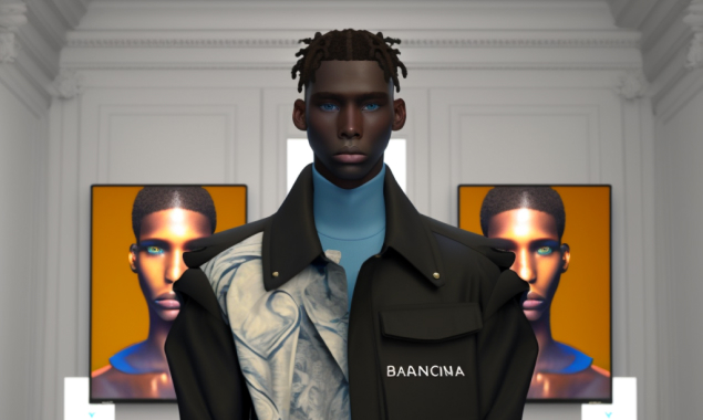Computer generated image of a man in a blue turtle neck standing in a gallery facing forward.